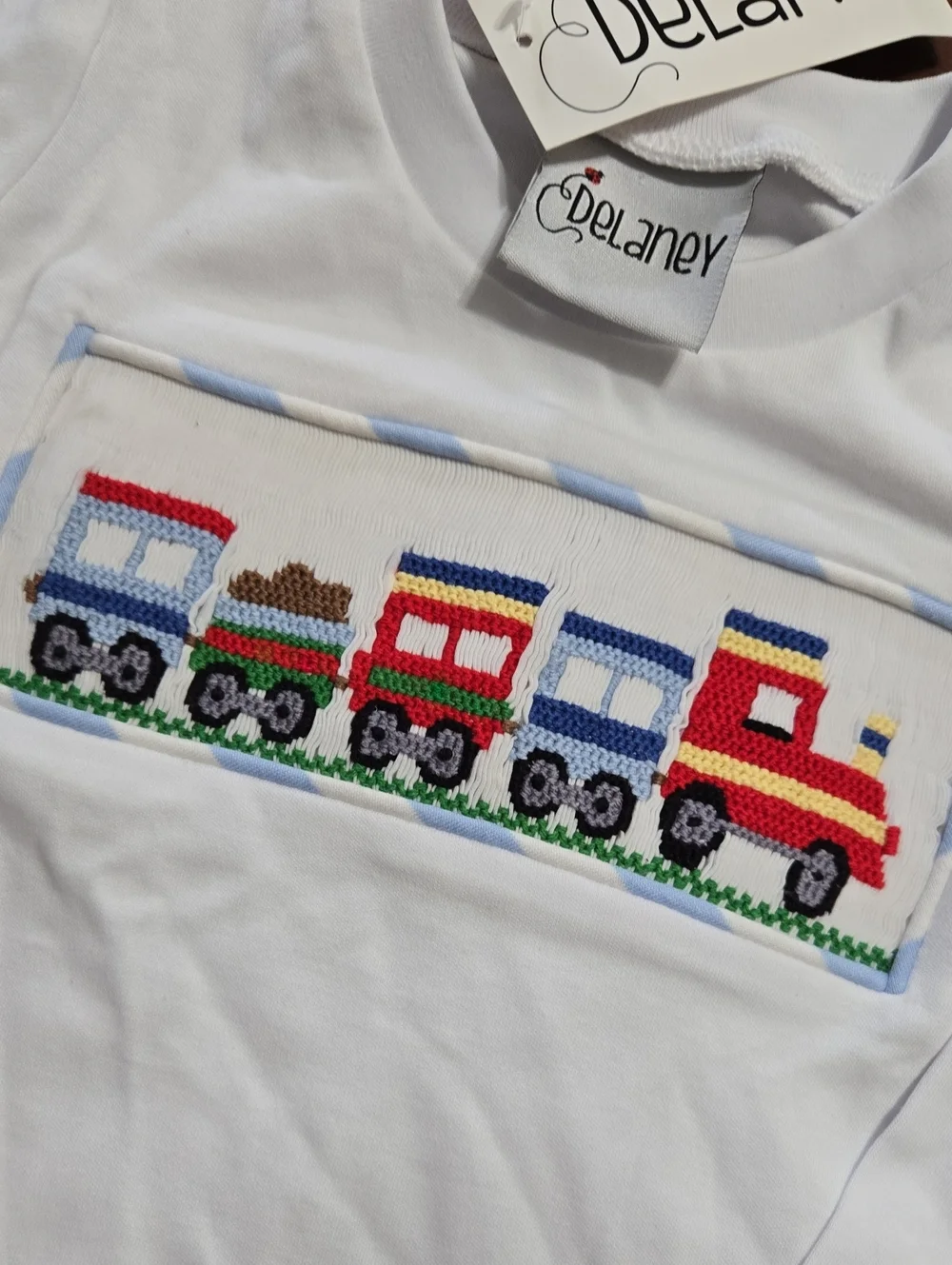 Delaney White and Light Blue Train-Embroidered Kids Smocked Set